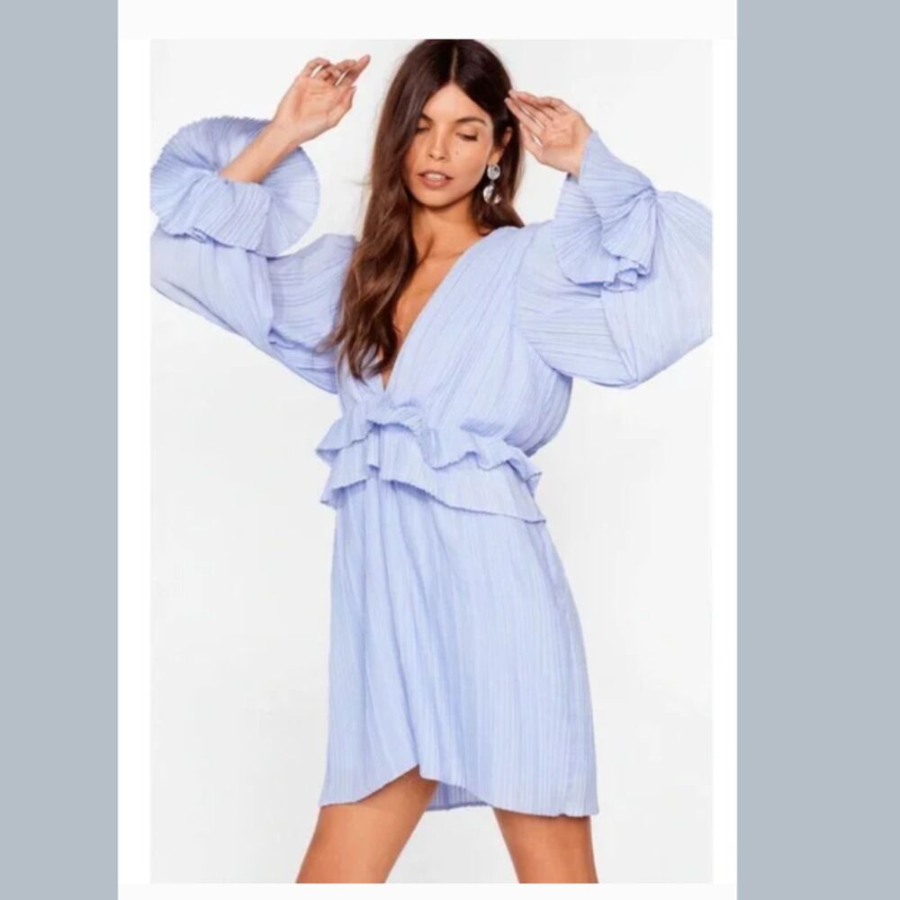 Nasty Gal Light Blue Pleated Ruffle Mini Dress